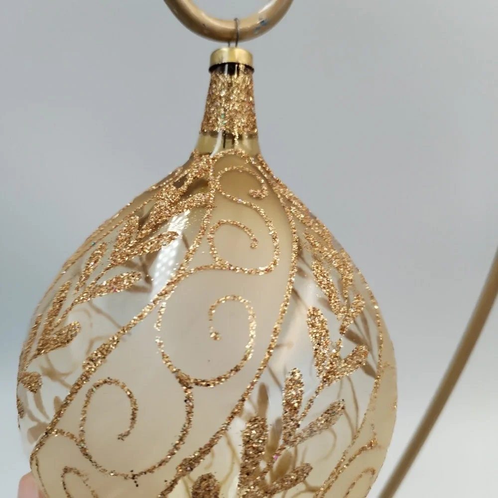2 Handblown Champagne Glass Finial Ornaments Gold Glitter Filigree Michoacan